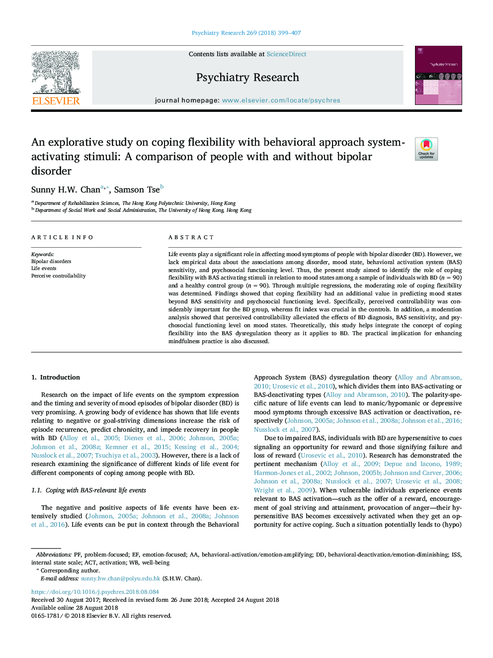 An explorative study on coping flexibility with behavioral approach system-activating stimuli: A comparison of people with and without bipolar disorder
