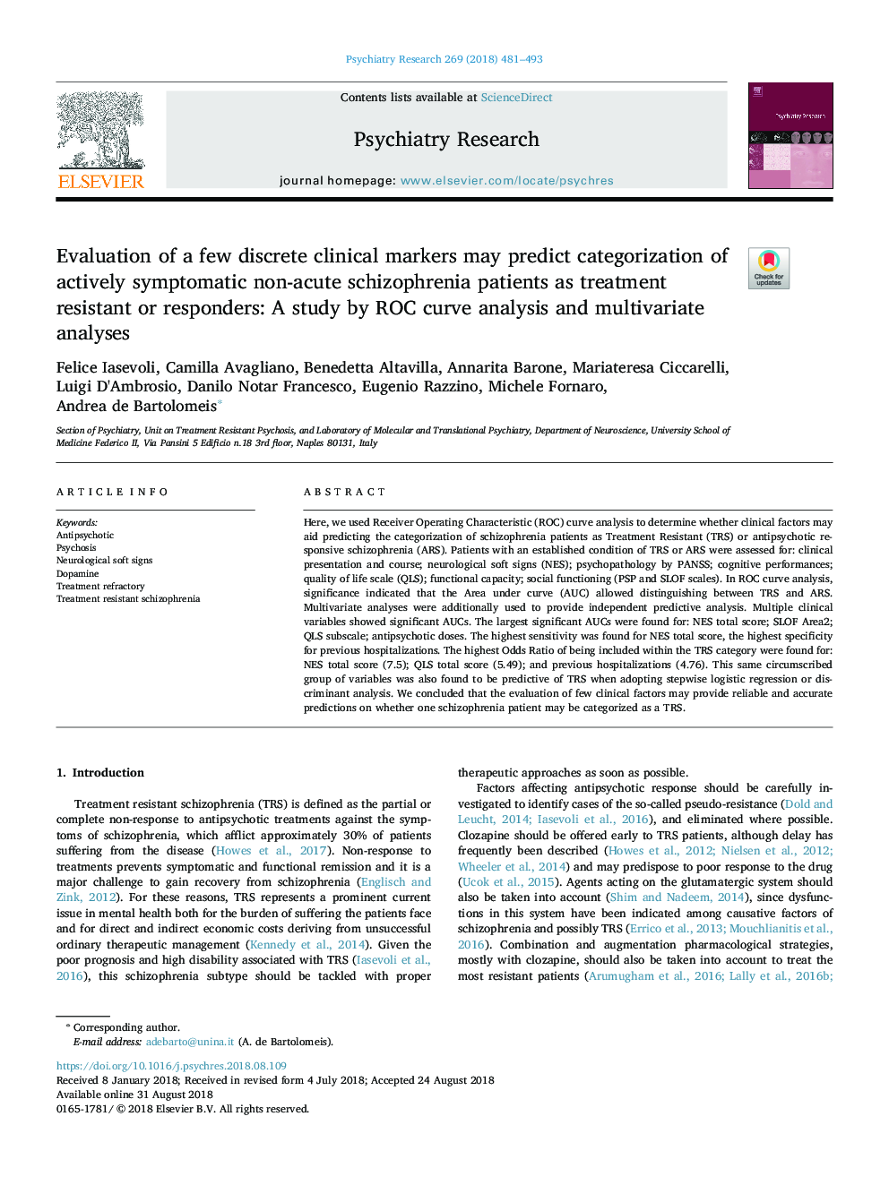 Evaluation of a few discrete clinical markers may predict categorization of actively symptomatic non-acute schizophrenia patients as treatment resistant or responders: A study by ROC curve analysis and multivariate analyses