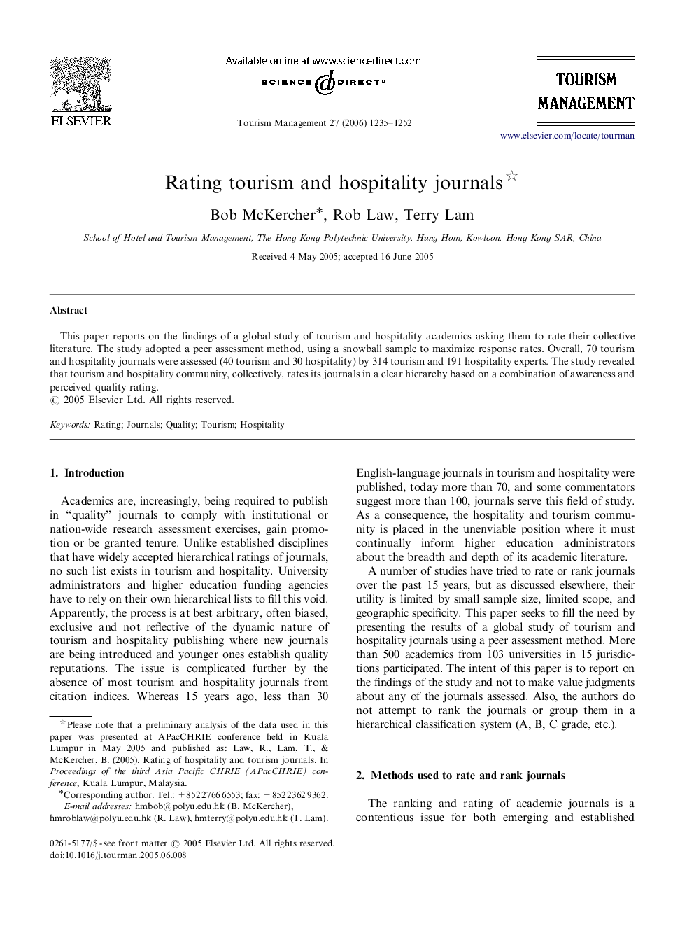 Rating tourism and hospitality journals 