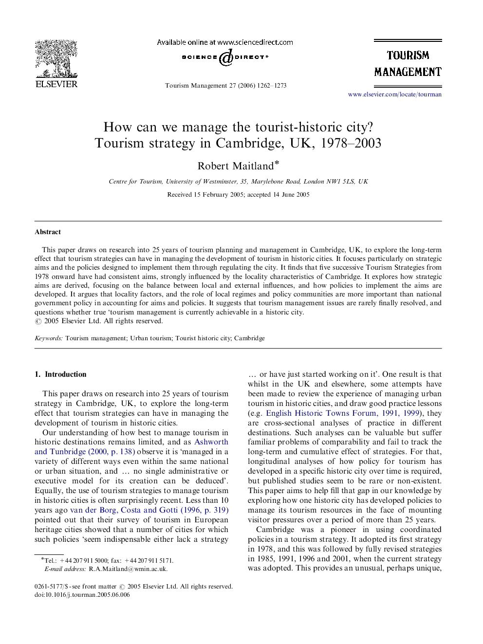 How can we manage the tourist-historic city? Tourism strategy in Cambridge, UK, 1978–2003