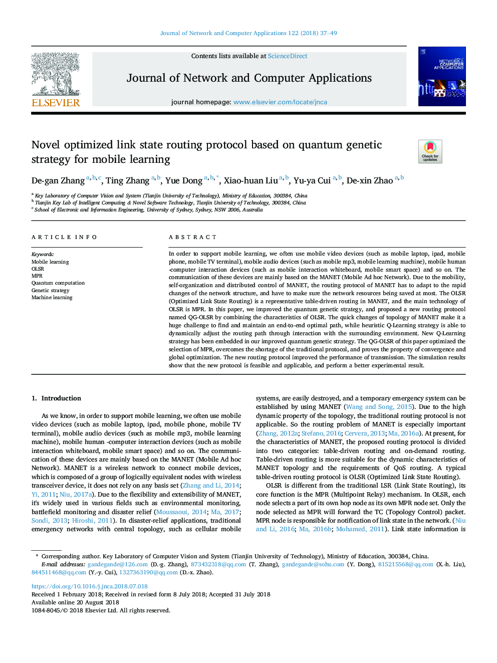 Novel optimized link state routing protocol based on quantum genetic strategy for mobile learning