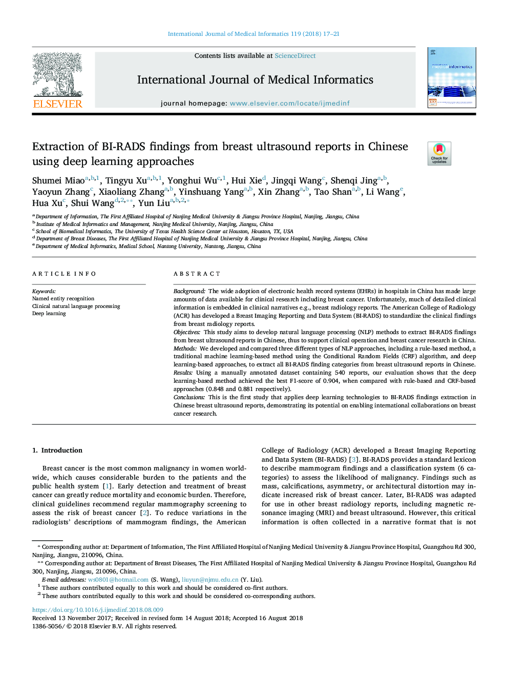 Extraction of BI-RADS findings from breast ultrasound reports in Chinese using deep learning approaches