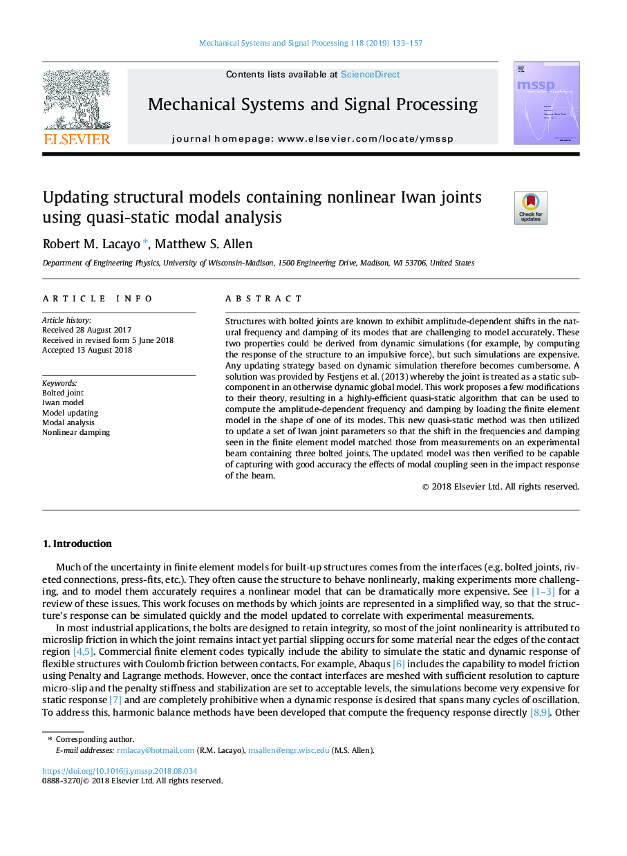 Updating structural models containing nonlinear Iwan joints using quasi-static modal analysis