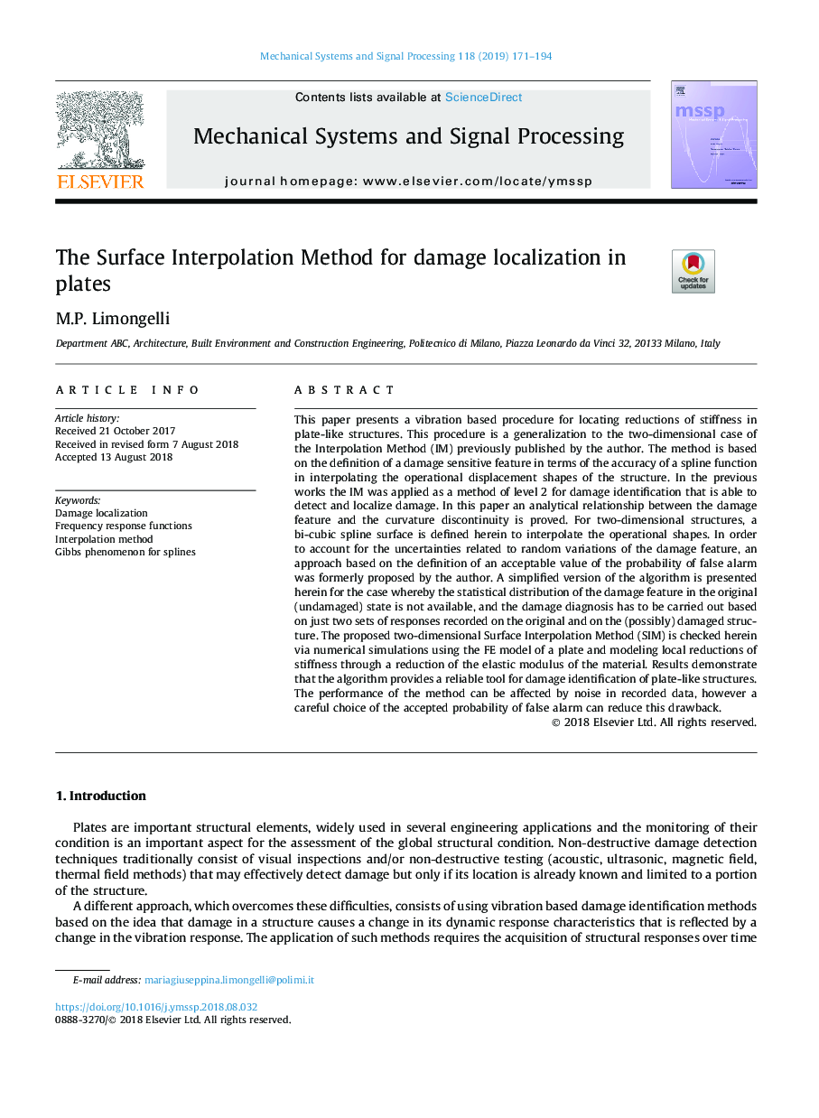 The Surface Interpolation Method for damage localization in plates