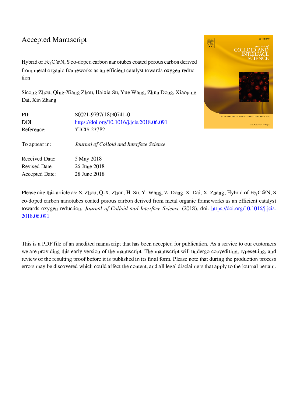 عکس صفحه اول مقاله: Hybrid of Fe3C@N, S co-doped carbon nanotubes coated porous carbon derived from metal organic frameworks as an efficient catalyst towards oxygen reduction Hybrid of Fe3C@N, S co-doped carbon nanotubes coated porous carbon derived from metal organic frameworks as an efficient catalyst towards oxygen reduction