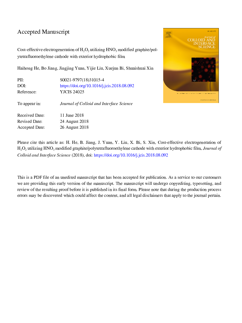 عکس صفحه اول مقاله: Cost-effective electrogeneration of H2O2 utilizing HNO3 modified graphite/polytetrafluoroethylene cathode with exterior hydrophobic film Cost-effective electrogeneration of H2O2 utilizing HNO3 modified graphite/polytetrafluoroethylene cathode with exterior hydrophobic film