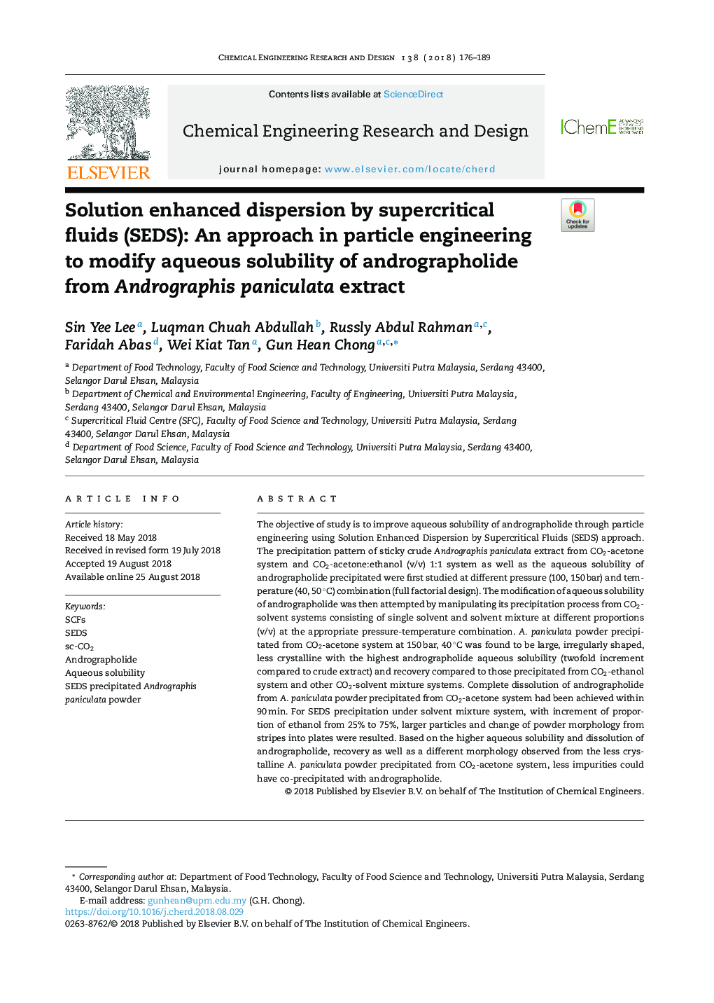 Solution enhanced dispersion by supercritical fluids (SEDS): An approach in particle engineering to modify aqueous solubility of andrographolide from Andrographis paniculata extract