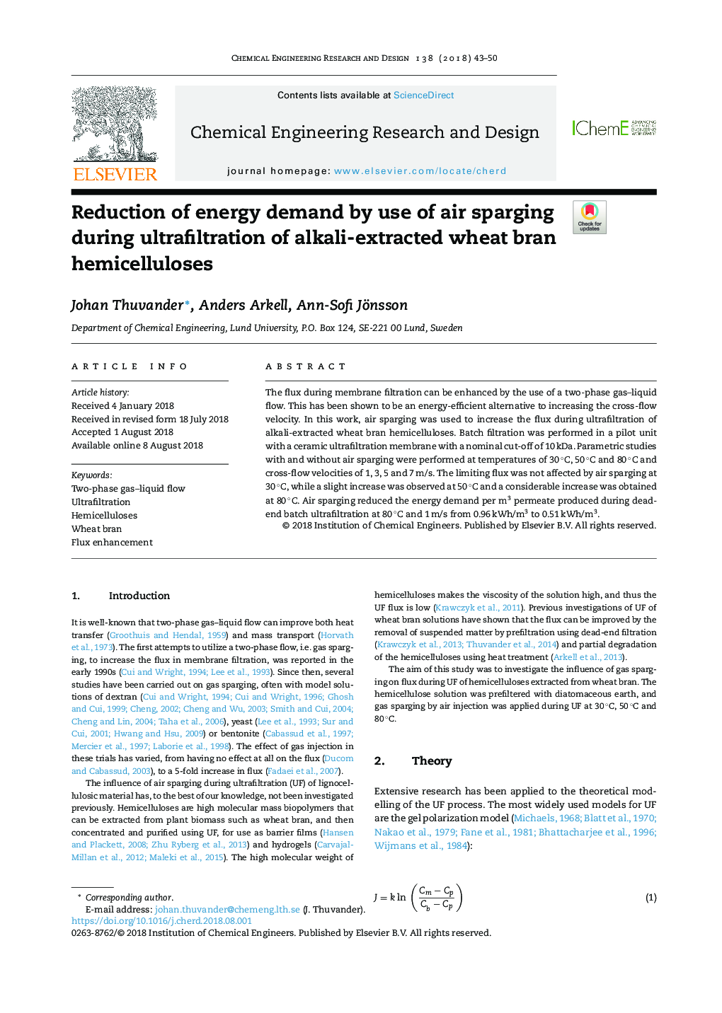 Reduction of energy demand by use of air sparging during ultrafiltration of alkali-extracted wheat bran hemicelluloses