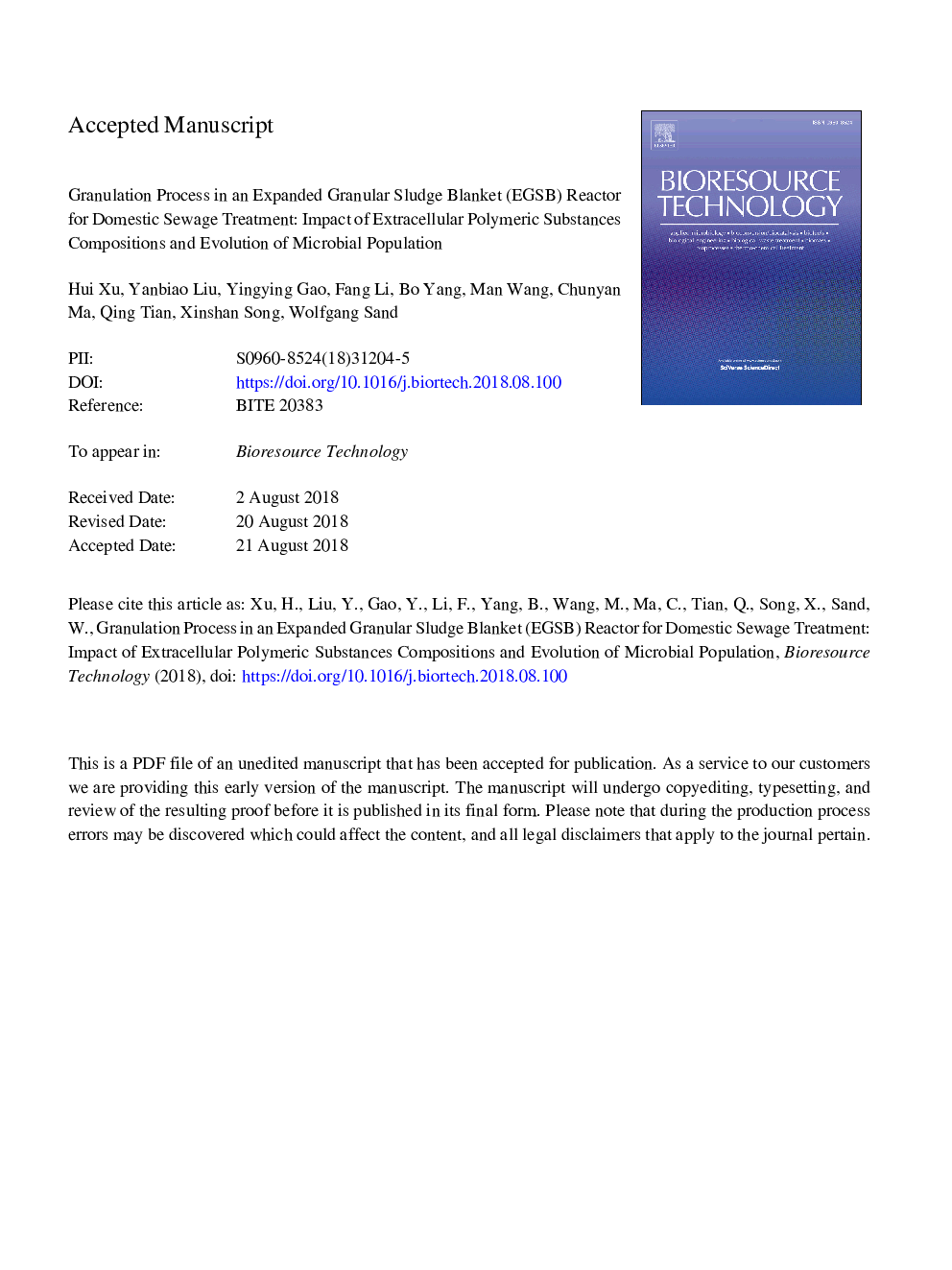 Granulation process in an expanded granular sludge blanket (EGSB) reactor for domestic sewage treatment: Impact of extracellular polymeric substances compositions and evolution of microbial population