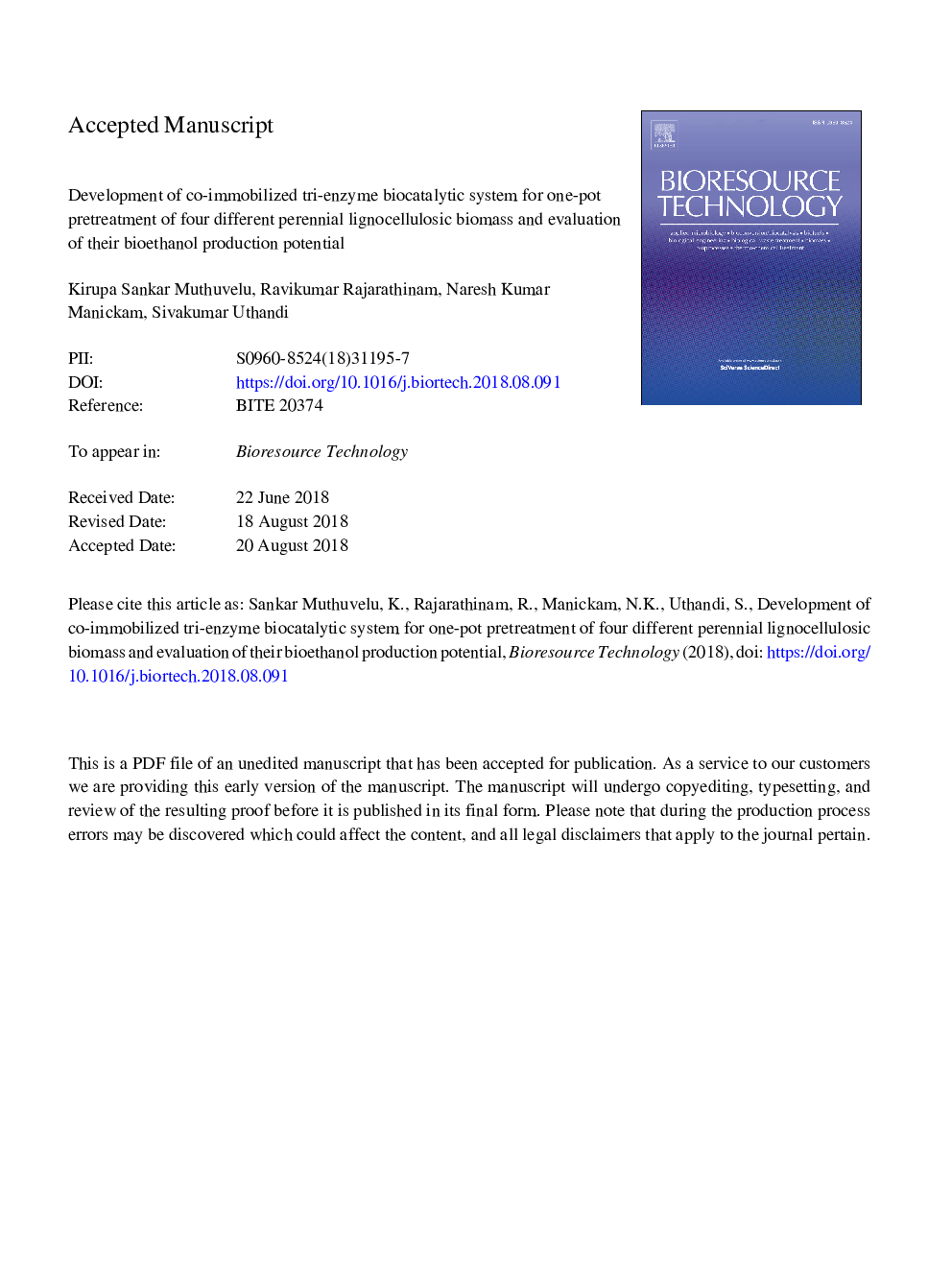 Development of co-immobilized tri-enzyme biocatalytic system for one-pot pretreatment of four different perennial lignocellulosic biomass and evaluation of their bioethanol production potential