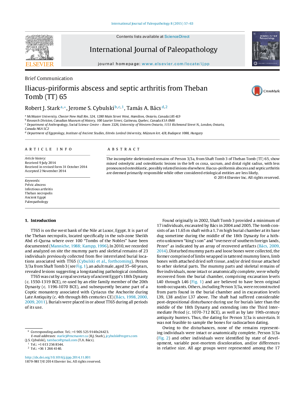 Iliacus-piriformis abscess and septic arthritis from Theban Tomb (TT) 65