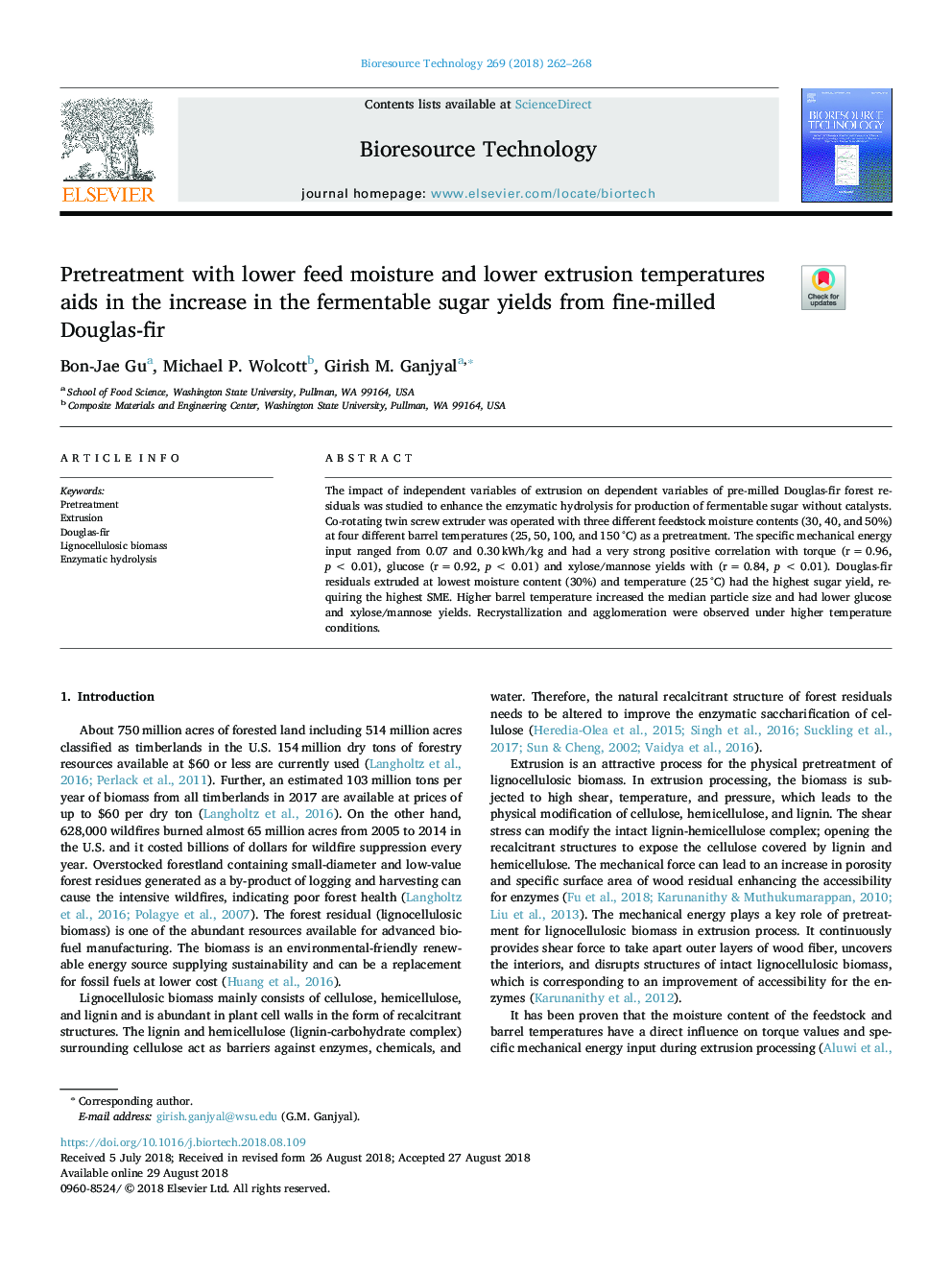 Pretreatment with lower feed moisture and lower extrusion temperatures aids in the increase in the fermentable sugar yields from fine-milled Douglas-fir