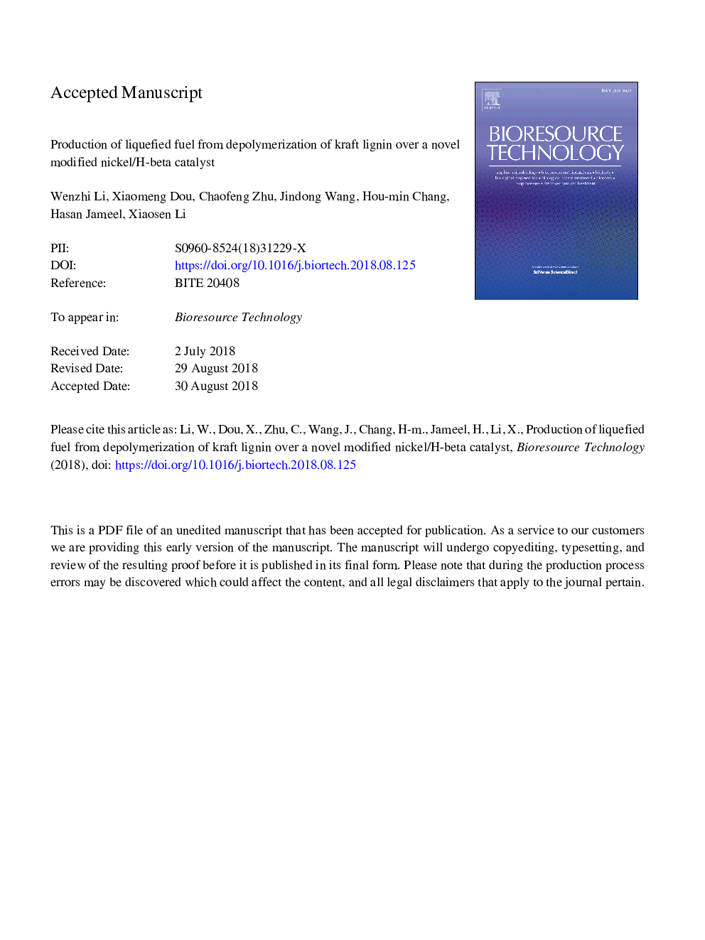 Production of liquefied fuel from depolymerization of kraft lignin over a novel modified nickel/H-beta catalyst