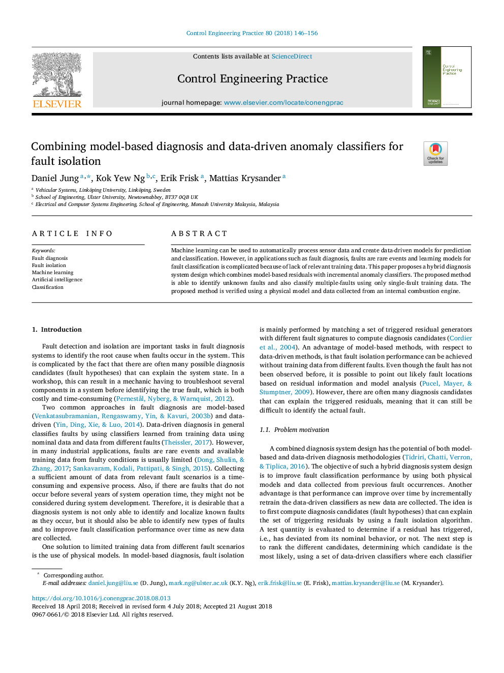 Combining model-based diagnosis and data-driven anomaly classifiers for fault isolation