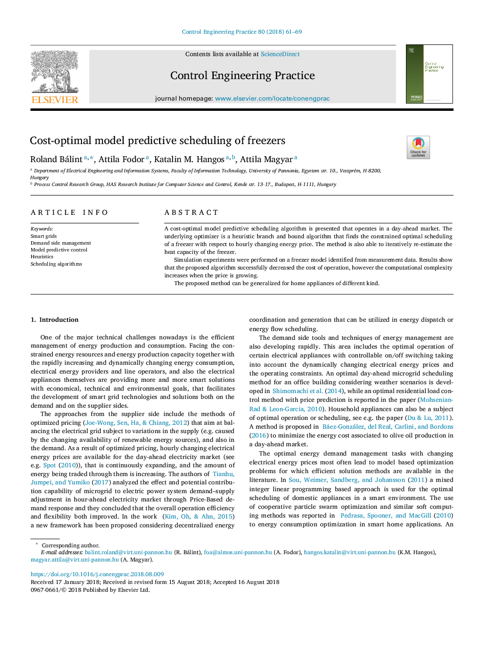 Cost-optimal model predictive scheduling of freezers