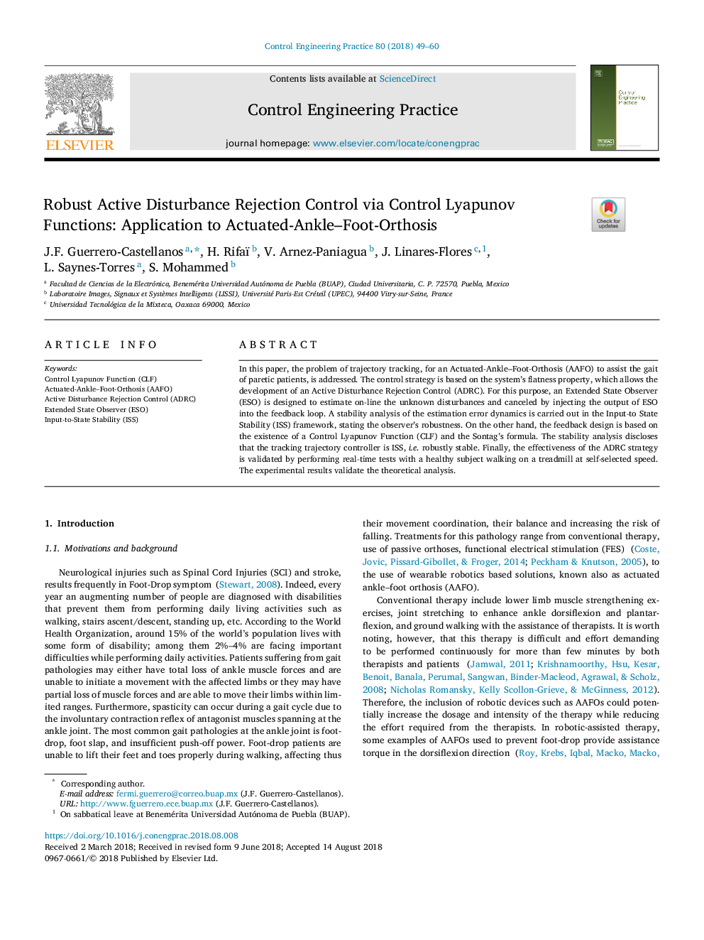 Robust Active Disturbance Rejection Control via Control Lyapunov Functions: Application to Actuated-Ankle-Foot-Orthosis