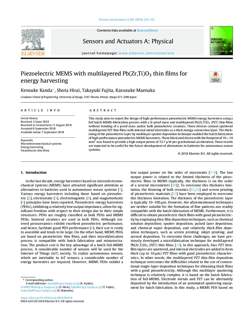 Piezoelectric MEMS with multilayered Pb(Zr,Ti)O3 thin films for energy harvesting