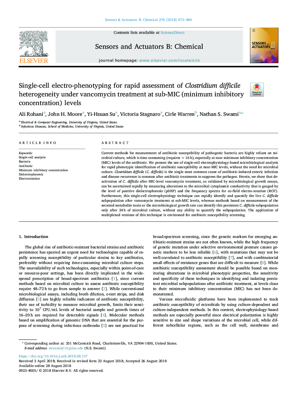 Single-cell electro-phenotyping for rapid assessment of Clostridium difficile heterogeneity under vancomycin treatment at sub-MIC (minimum inhibitory concentration) levels