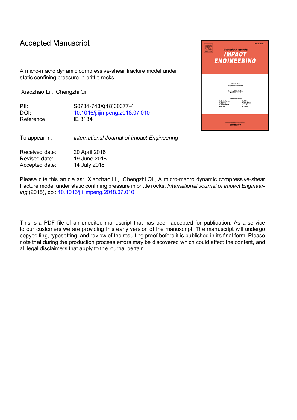 A micro-macro dynamic compressive-shear fracture model under static confining pressure in brittle rocks