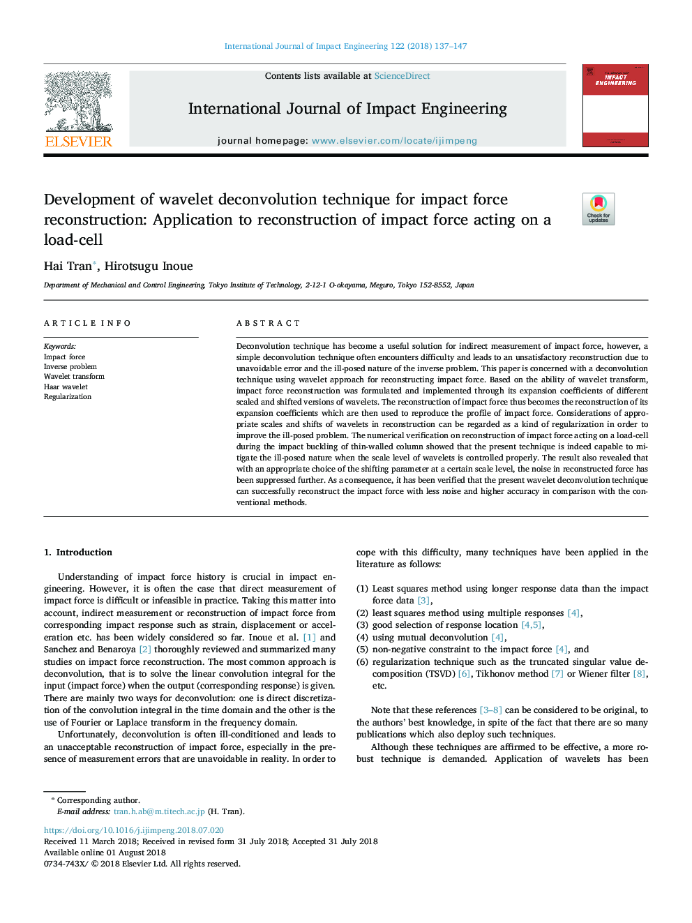 Development of wavelet deconvolution technique for impact force reconstruction: Application to reconstruction of impact force acting on a load-cell