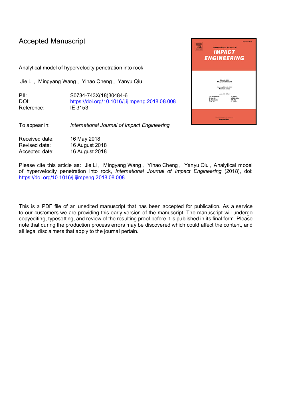 Analytical model of hypervelocity penetration into rock