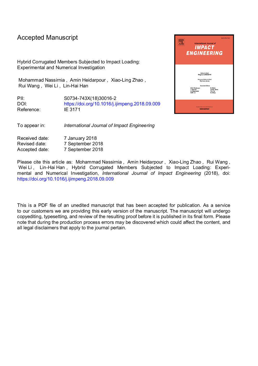 Hybrid corrugated members subjected to impact loading: Experimental and numerical investigation