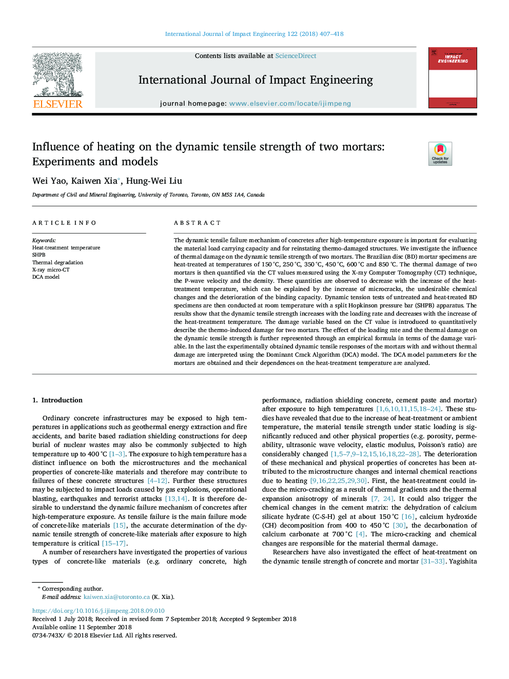 Influence of heating on the dynamic tensile strength of two mortars: Experiments and models