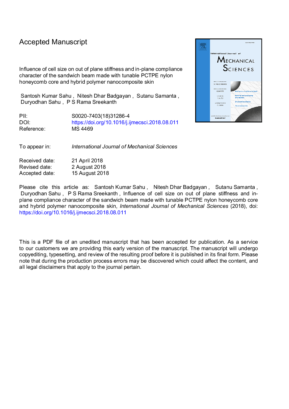 Influence of cell size on out of plane stiffness and in-plane compliance character of the sandwich beam made with tunable PCTPE nylon honeycomb core and hybrid polymer nanocomposite skin