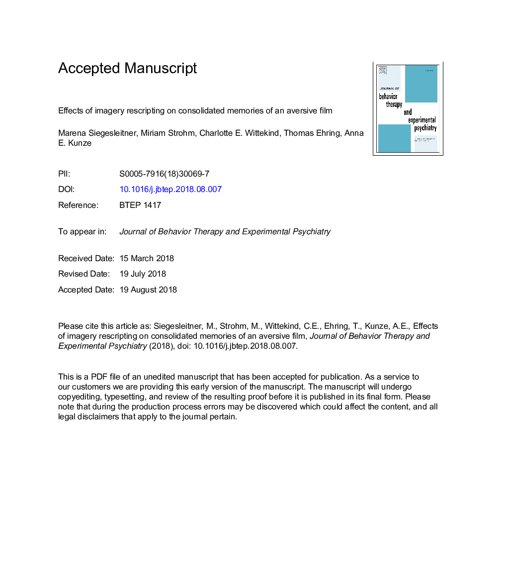 Effects of imagery rescripting on consolidated memories of an aversive film