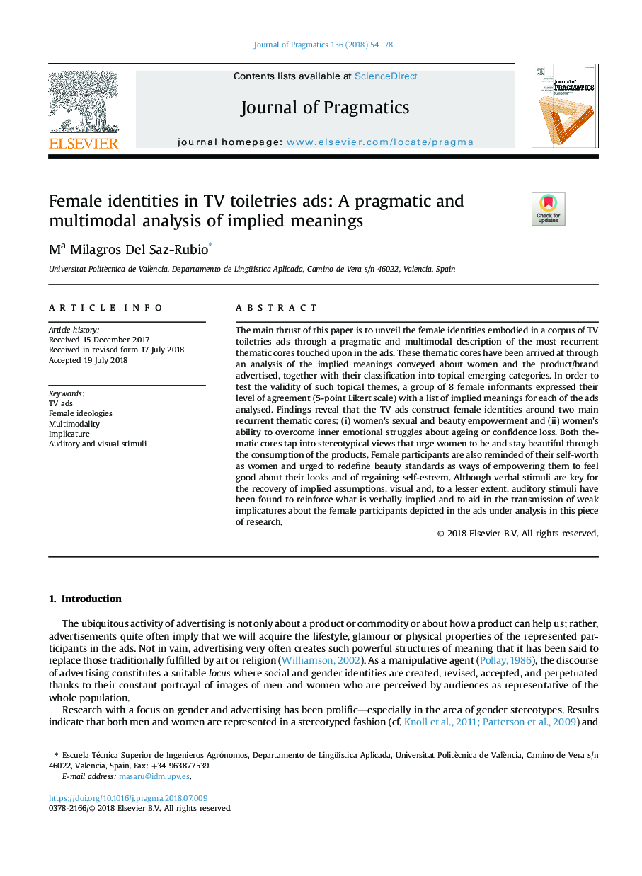 Female identities in TV toiletries ads: A pragmatic and multimodal analysis of implied meanings