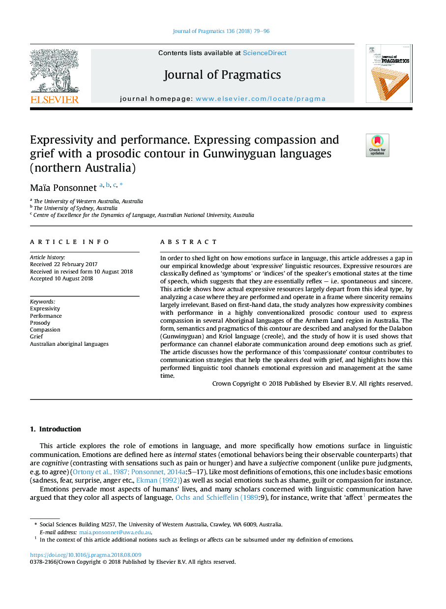 Expressivity and performance. Expressing compassion and grief with a prosodic contour in Gunwinyguan languages (northern Australia)