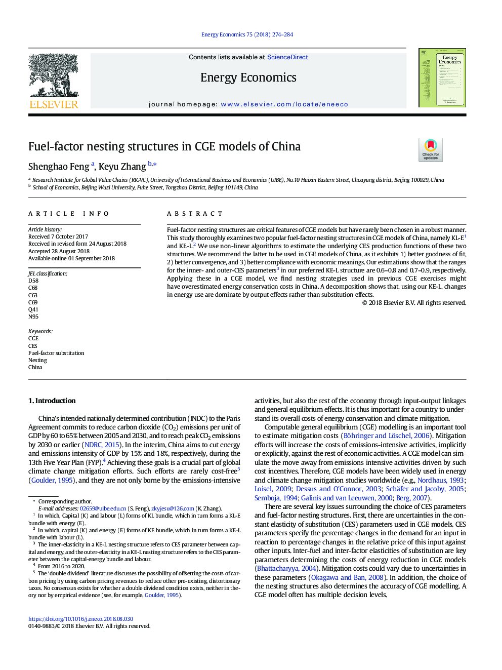 Fuel-factor nesting structures in CGE models of China