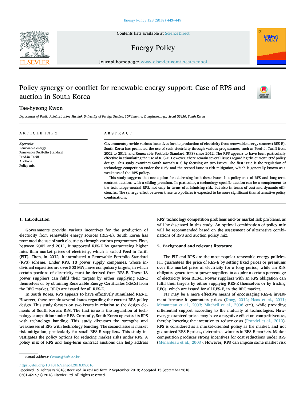 Policy synergy or conflict for renewable energy support: Case of RPS and auction in South Korea