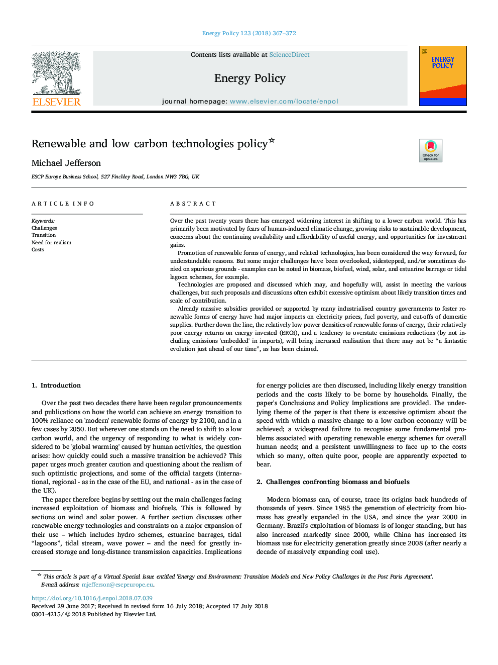 Renewable and low carbon technologies policy