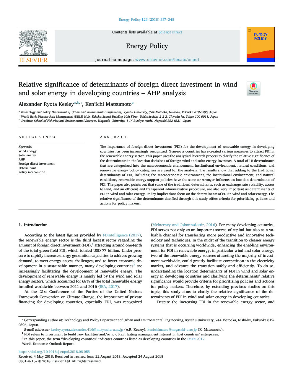 Relative significance of determinants of foreign direct investment in wind and solar energy in developing countries - AHP analysis