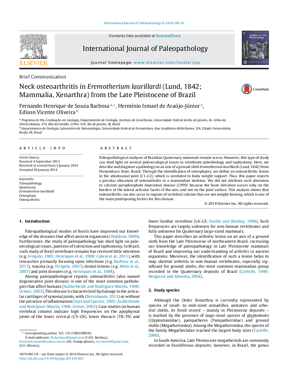 Neck osteoarthritis in Eremotherium laurillardi (Lund, 1842; Mammalia, Xenarthra) from the Late Pleistocene of Brazil