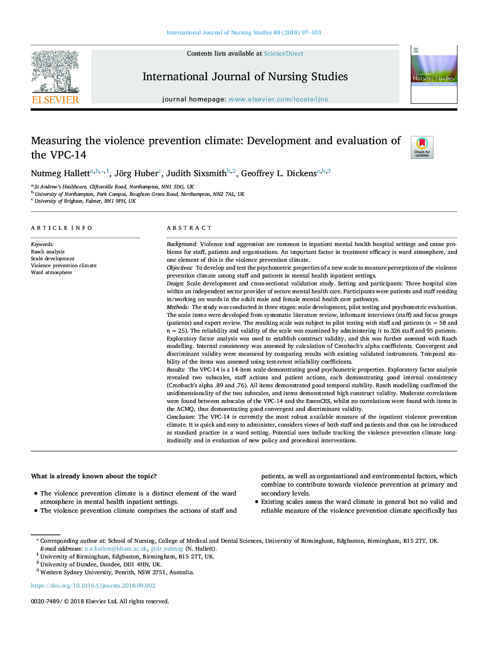 Measuring the violence prevention climate: Development and evaluation of the VPC-14