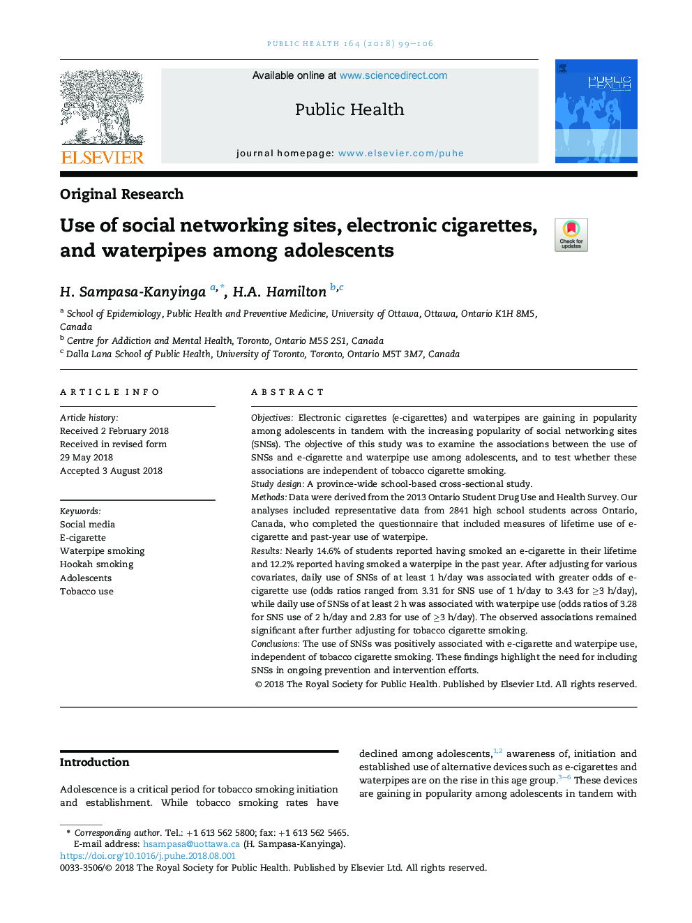 Use of social networking sites, electronic cigarettes, and waterpipes among adolescents