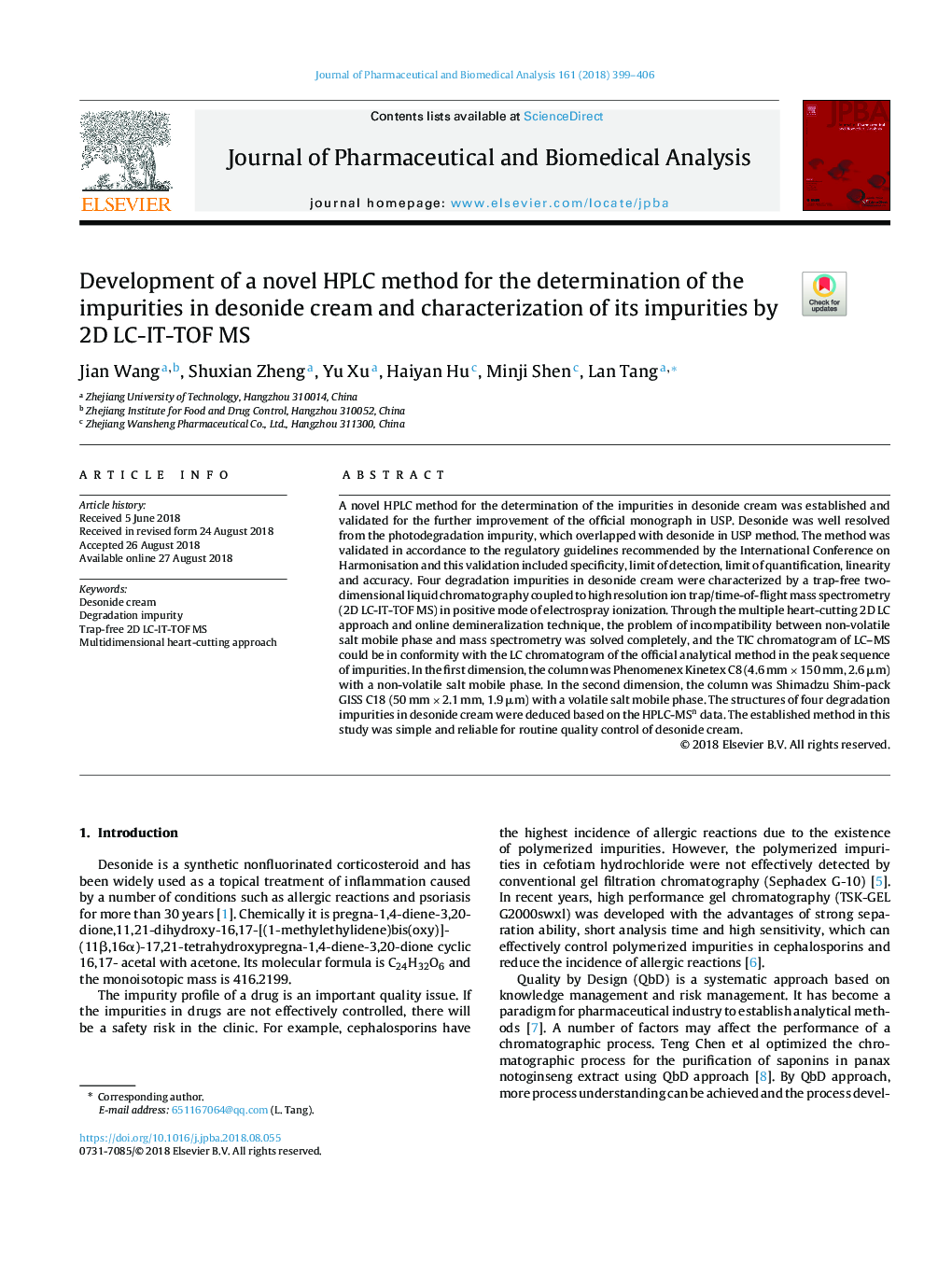Development of a novel HPLC method for the determination of the impurities in desonide cream and characterization of its impurities by 2D LC-IT-TOF MS