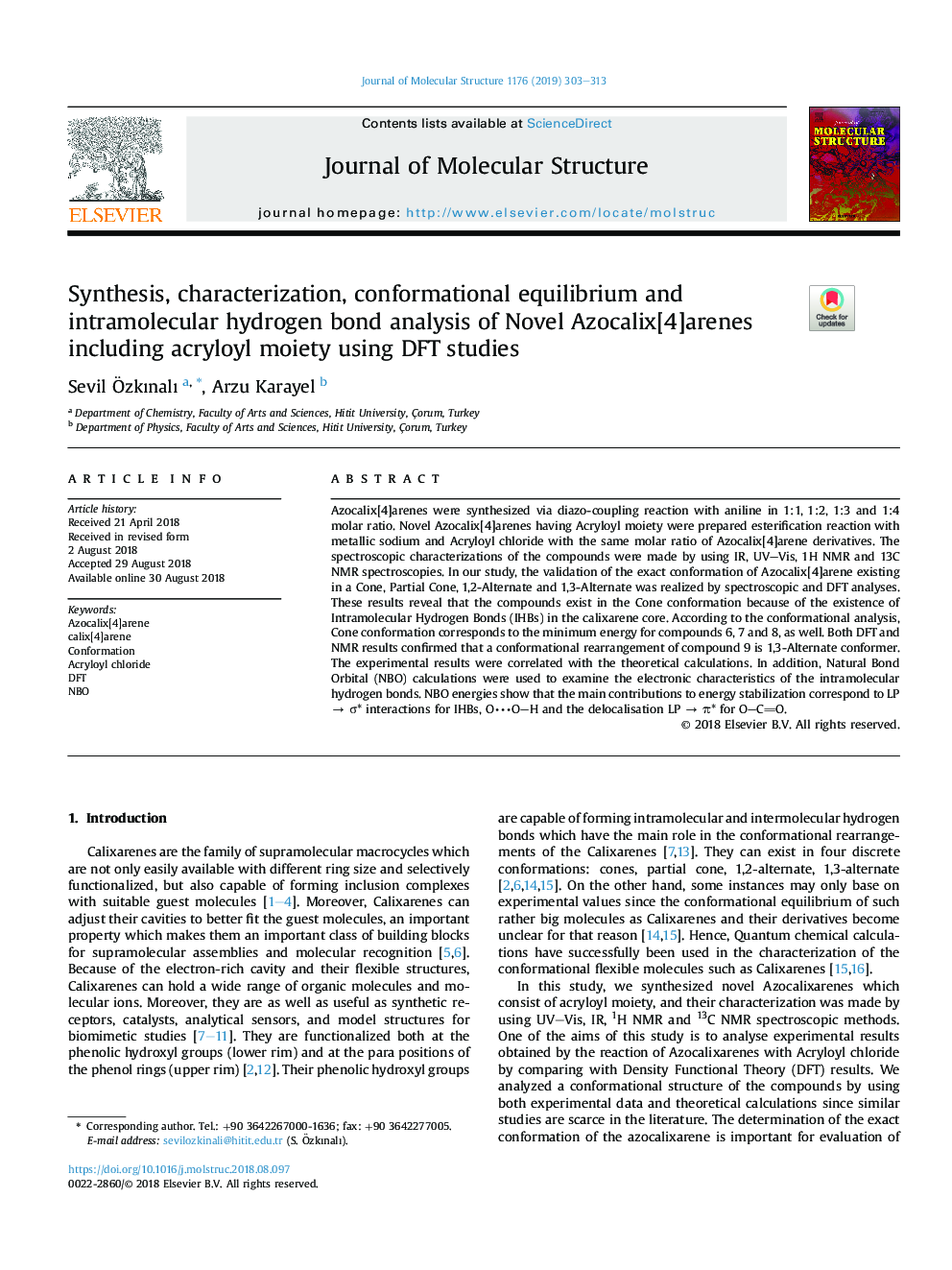 Synthesis, characterization, conformational equilibrium and intramolecular hydrogen bond analysis of Novel Azocalix[4]arenes including acryloyl moiety using DFT studies