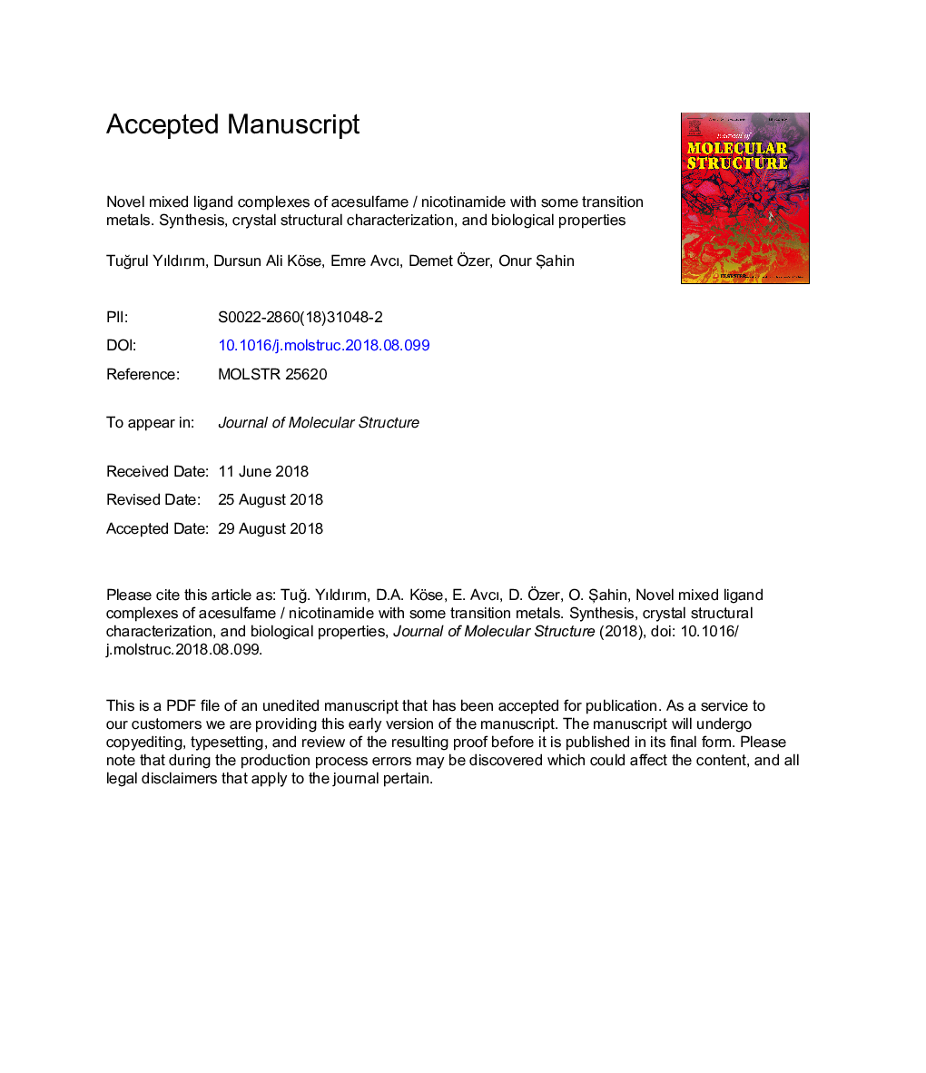 Novel mixed ligand complexes of acesulfame / nicotinamide with some transition metals. Synthesis, crystal structural characterization, and biological properties