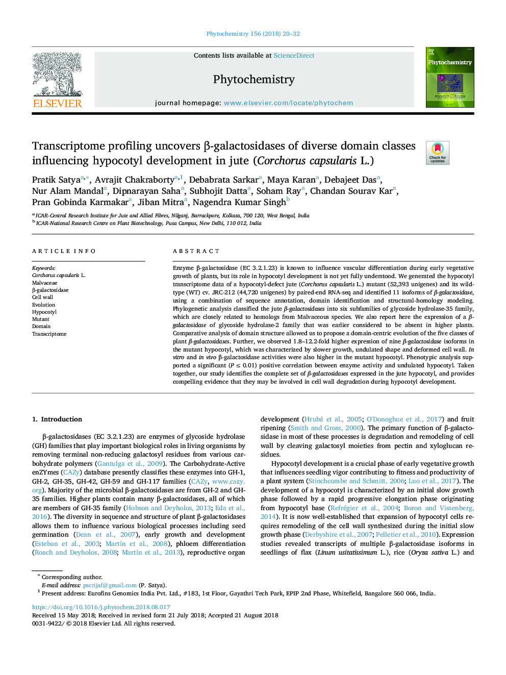 عکس صفحه اول مقاله: Transcriptome profiling uncovers β-galactosidases of diverse domain classes influencing hypocotyl development in jute (Corchorus capsularis L.) Transcriptome profiling uncovers β-galactosidases of diverse domain classes influencing hypocotyl development in jute (Corchorus capsularis L.)