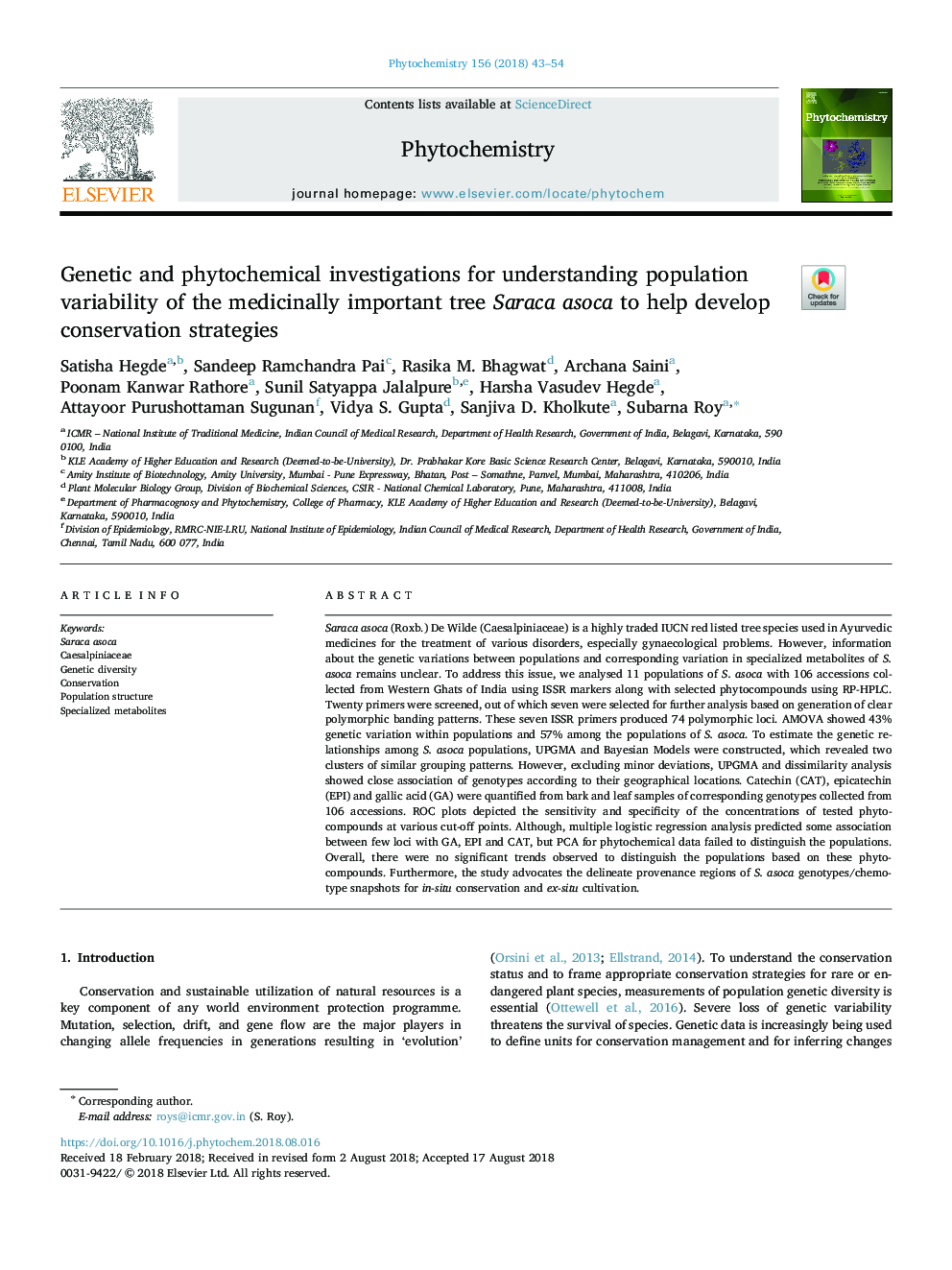 Genetic and phytochemical investigations for understanding population variability of the medicinally important tree Saraca asoca to help develop conservation strategies