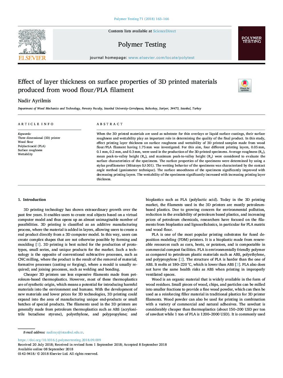 Effect of layer thickness on surface properties of 3D printed materials produced from wood flour/PLA filament