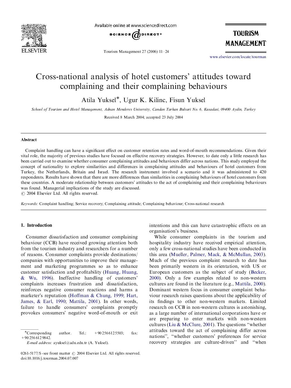 Cross-national analysis of hotel customers’ attitudes toward complaining and their complaining behaviours