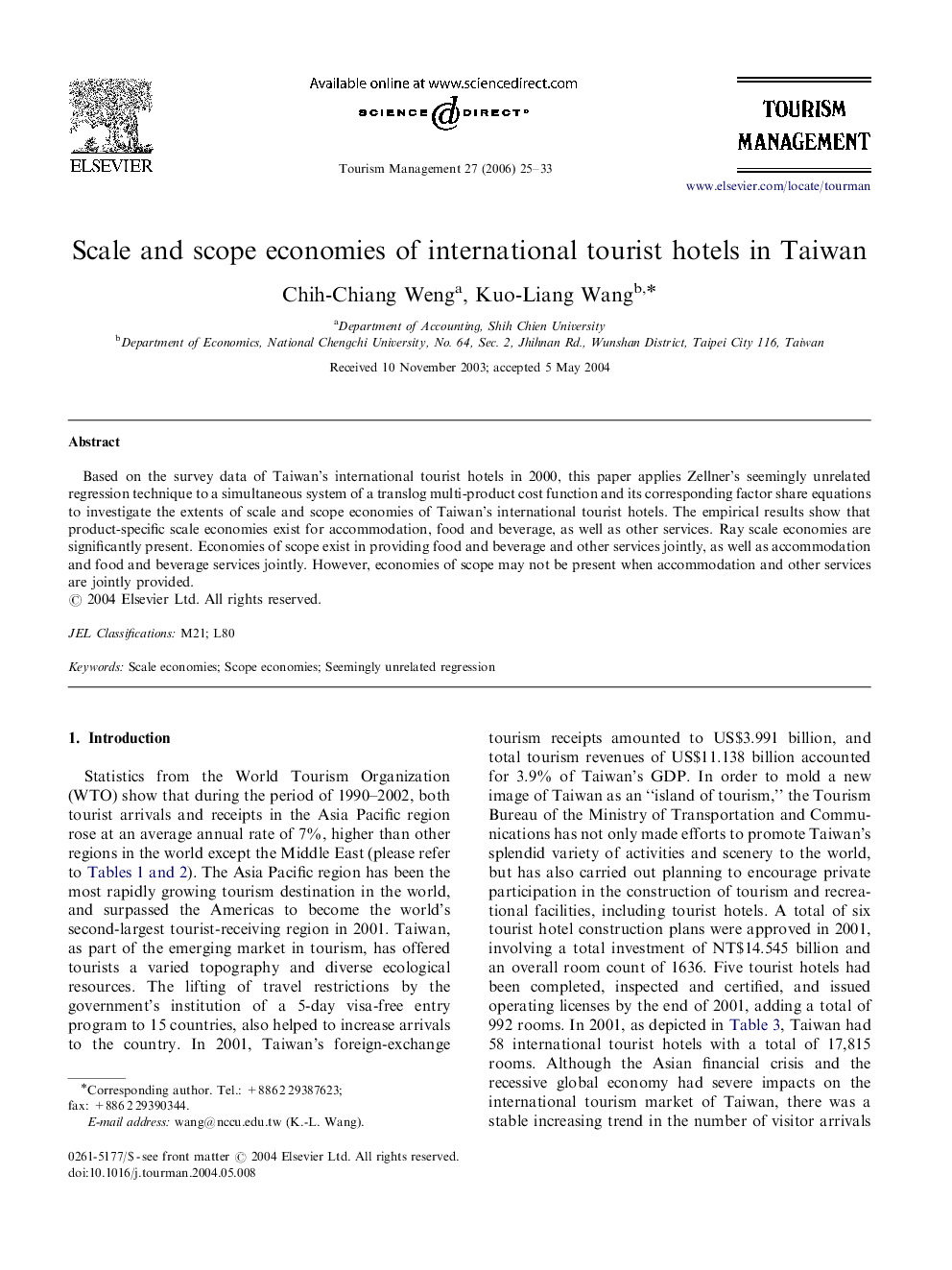 Scale and scope economies of international tourist hotels in Taiwan