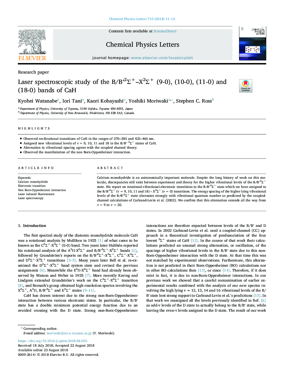 Laser spectroscopic study of the B/Bâ²2Î£+-X2Î£+ (9-0), (10-0), (11-0) and (18-0) bands of CaH