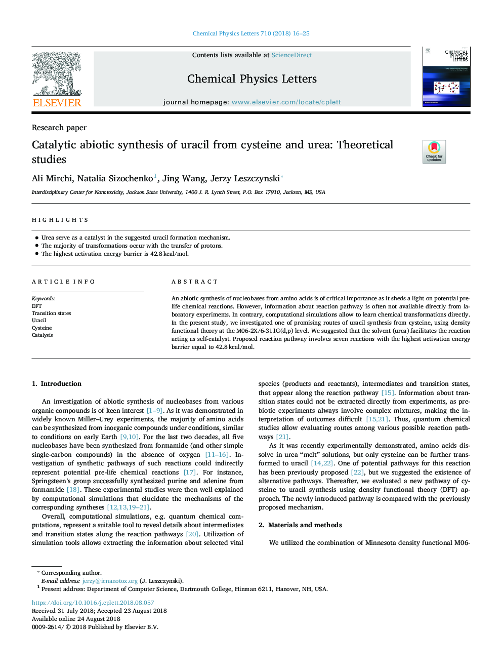 سنتز بیوتیک کاتالیستی اوراسیل از سیستئین و اوره: مطالعات نظری