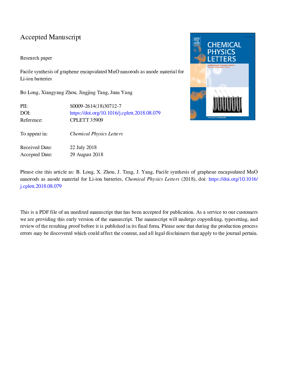 Facile synthesis of graphene encapsulated MnO nanorods as anode material for Li-ion batteries