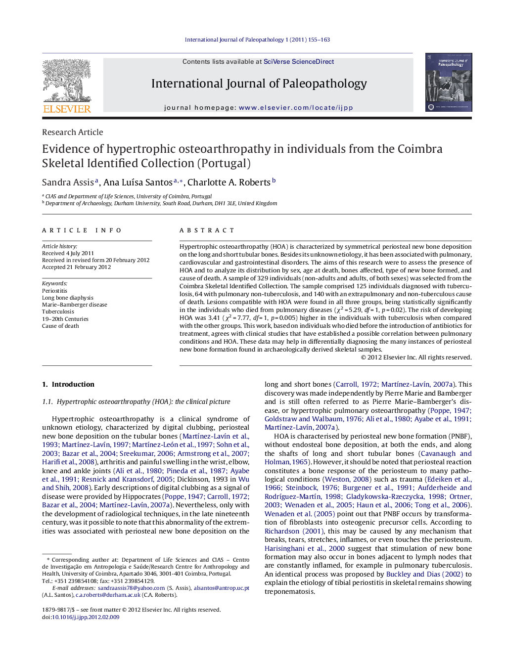 Evidence of hypertrophic osteoarthropathy in individuals from the Coimbra Skeletal Identified Collection (Portugal)